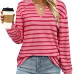 Vivilli Women Waffle Knit Tops Striped Long Sleeve Polo Shirts Fall Business Casual Blouses Work Tops Collared Tunic tops