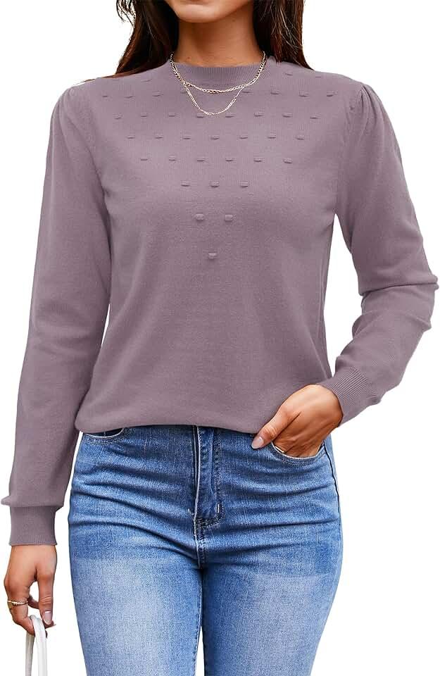 Arach&Cloz 2024 Fall Sweaters Long Puff Sleeve Tops Crew Neck Special Dots Trendy Casual Lightweight Pullover Clothes Outfits