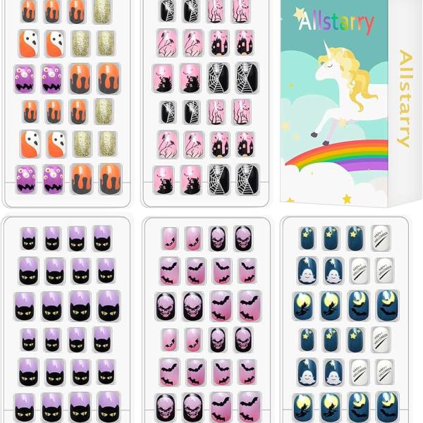 Allstarry 120pcs 5 pack Children Nails Press on Pre-glue Full Cover Glitter Gradient Color Rainbow