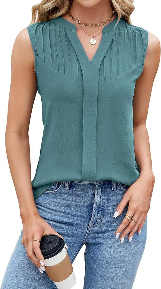 Blooming Jelly Women's Tank Tops Summer Business Casual Outfits Sleeveless Dressy Blouses V Neck Pleated Shirts